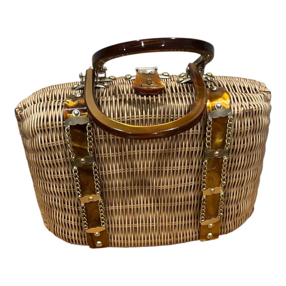 Vintage wicker purse bag with tortoise shell bakelite lucite handles & details